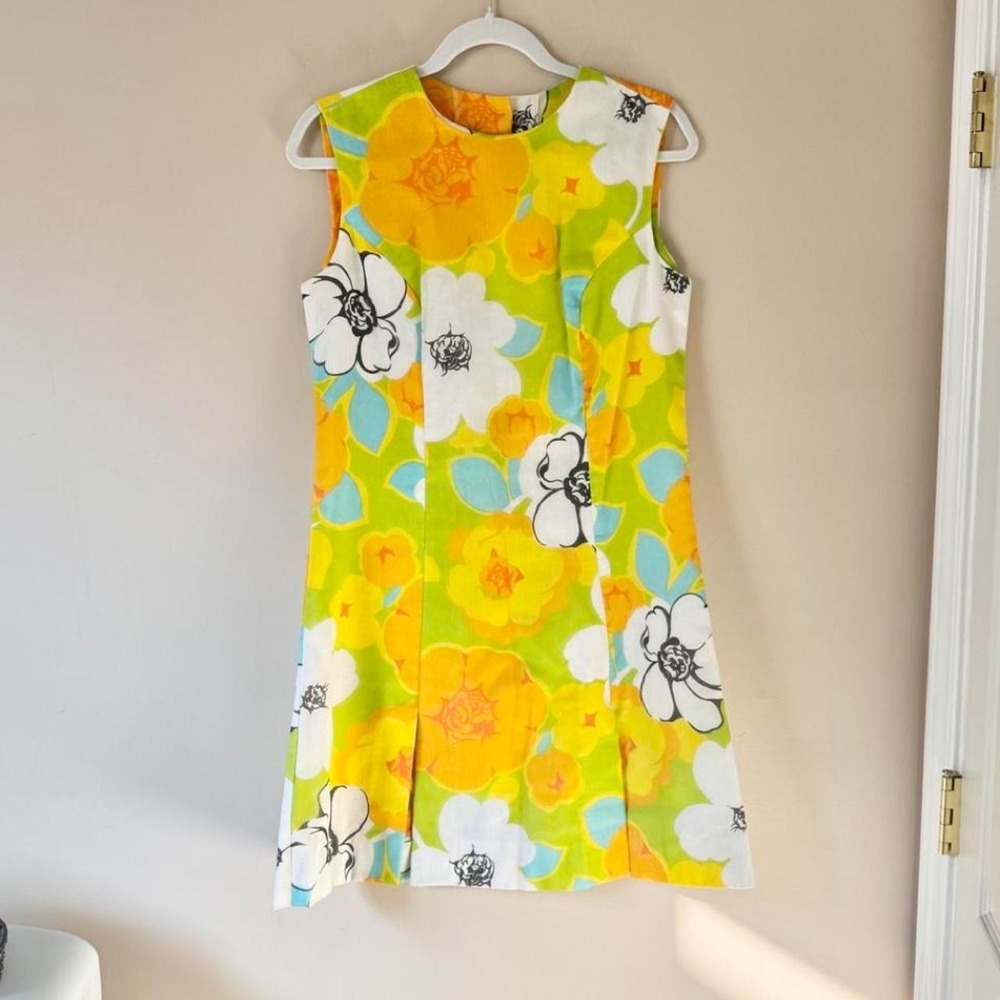 Vintage 60s Floral Dress + Short Set High Waist Mod Orange Green White Dayglow